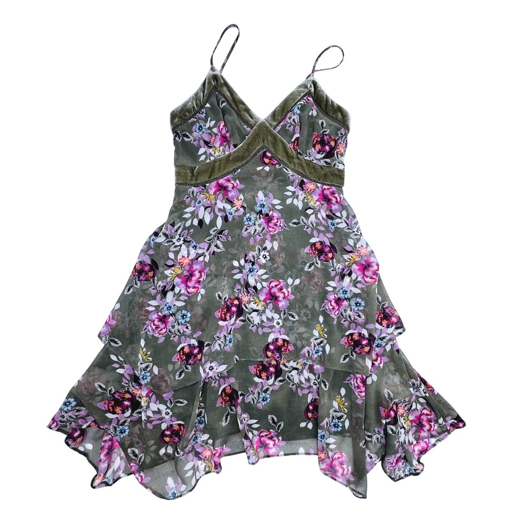 White House Black Market Olive Floral Velvet Trim Tiered Dress 00P Fairycore